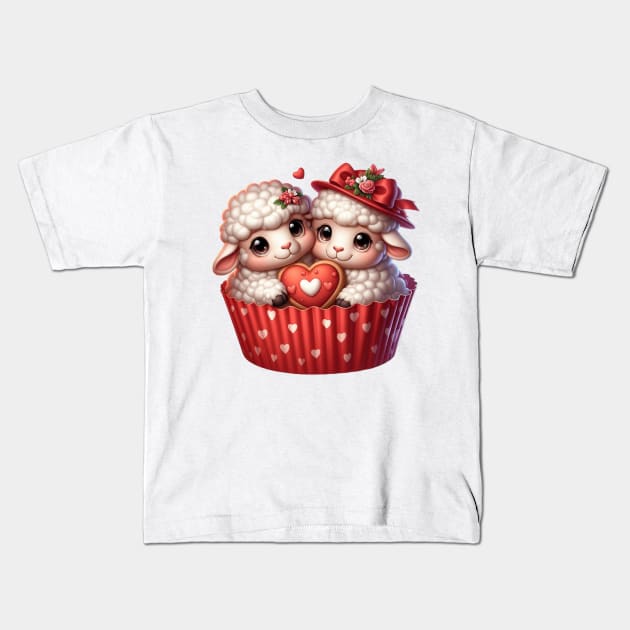Valentine Sheep Couple In A Cupcake Kids T-Shirt by Chromatic Fusion Studio